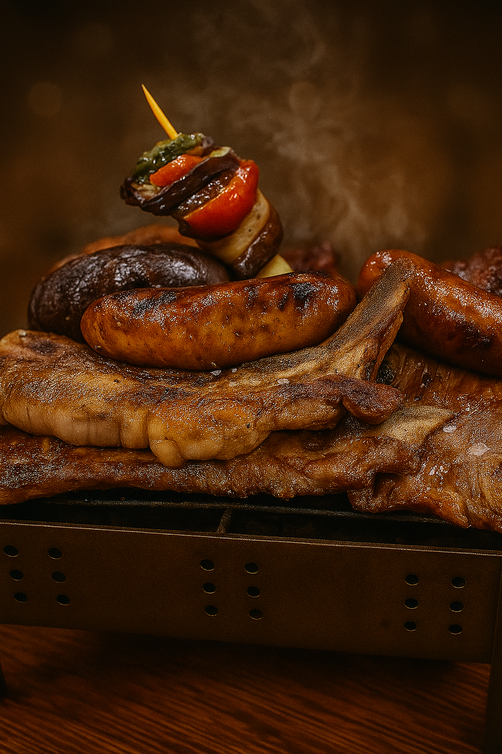 Brasero argentino en mesa con brasas y carnes variadas compartidas