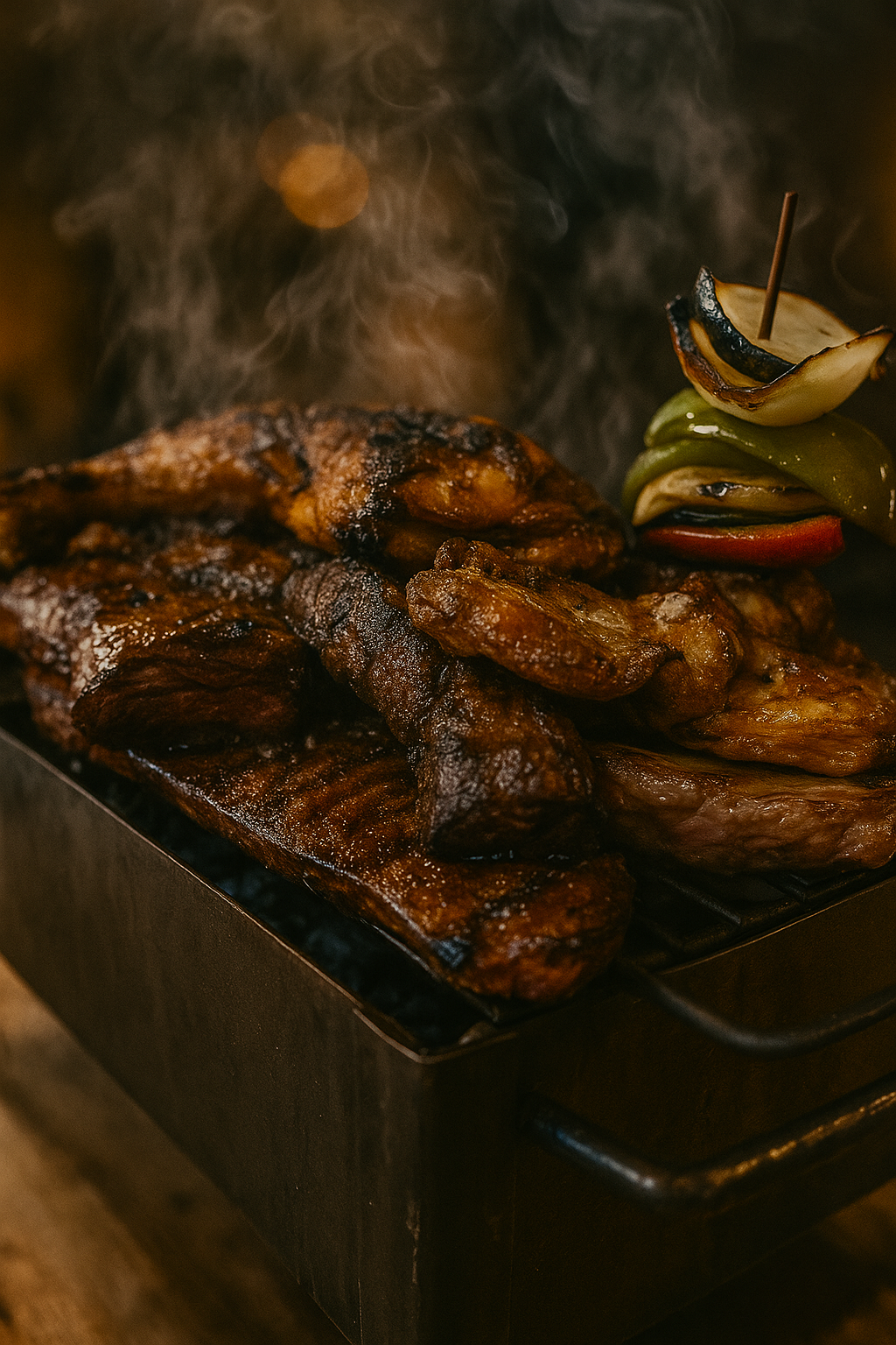 Brasero con costillas, chorizos y brasas encendidas en restaurante La Farola