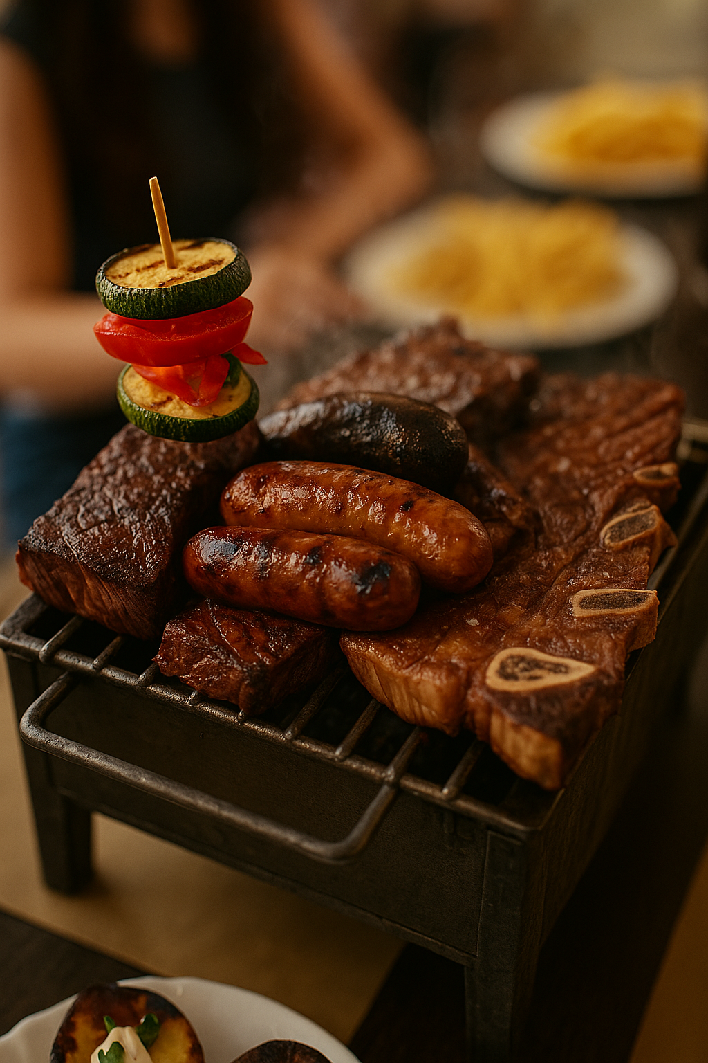 Brasero para compartir con carnes asadas y vino tinto en Cunit
