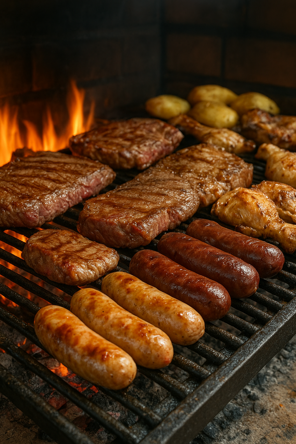 Variedad de carnes jugosas en parrilla de carbón