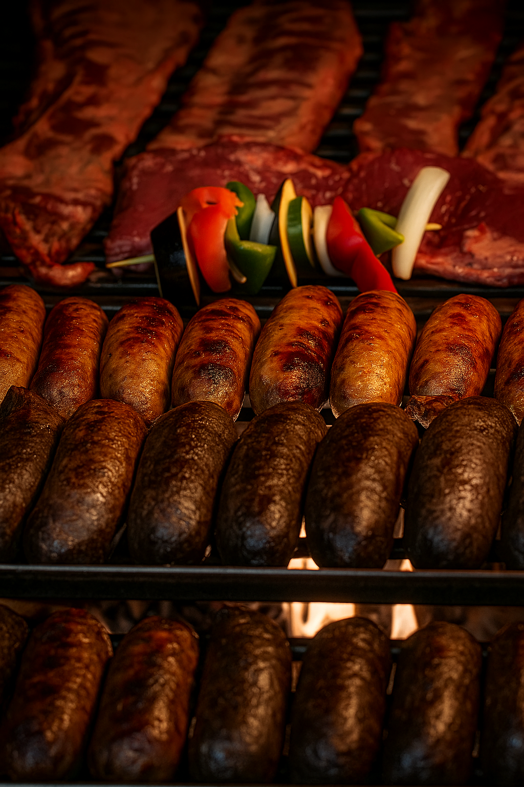 Parrilla argentina con chorizos criollos, vacio, costillas, Chuletón