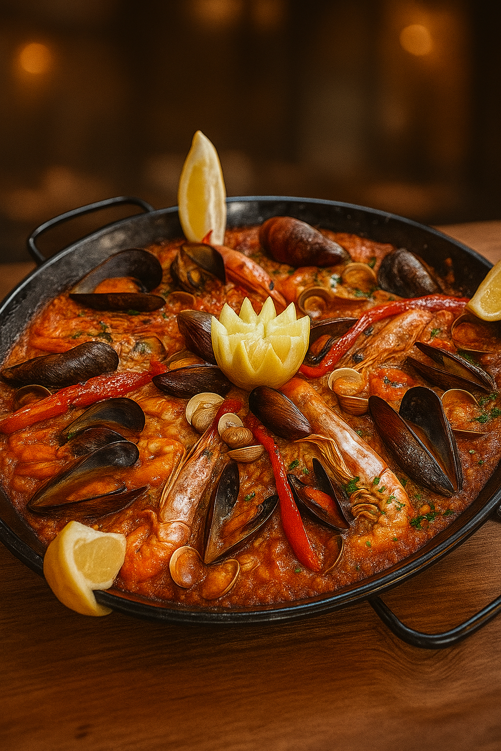 Gran Paella de mariscos mediterránea servida con dedicación y buen gusto