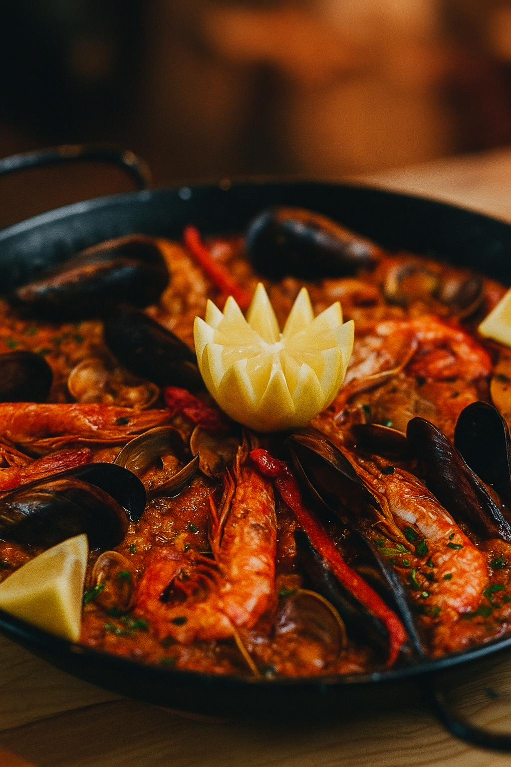 Paella tradicional española con gambas y mejillones