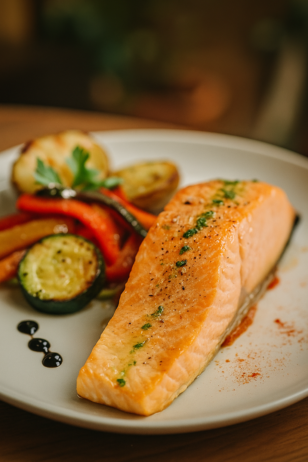 Salmón a la plancha con verduras frescas en plato gourmet