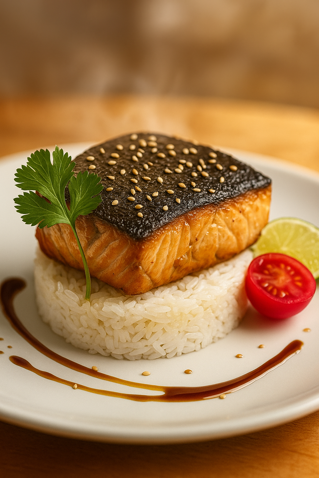 Salmón a la plancha sobre timbal de arroz en plato gourmet