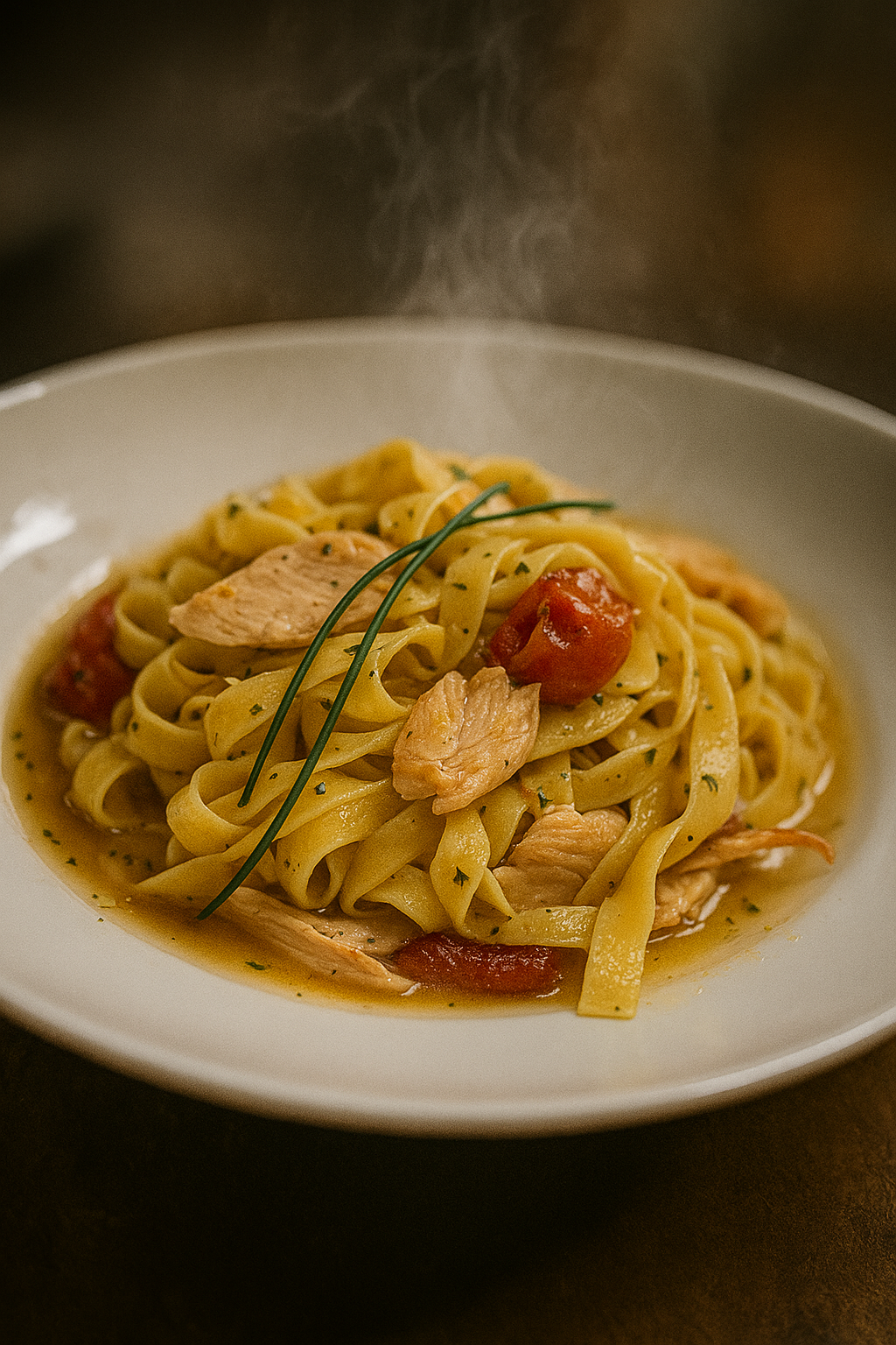 Plato a la Carta de Pasta fresca con Pollo, Pesto y tomates confitados