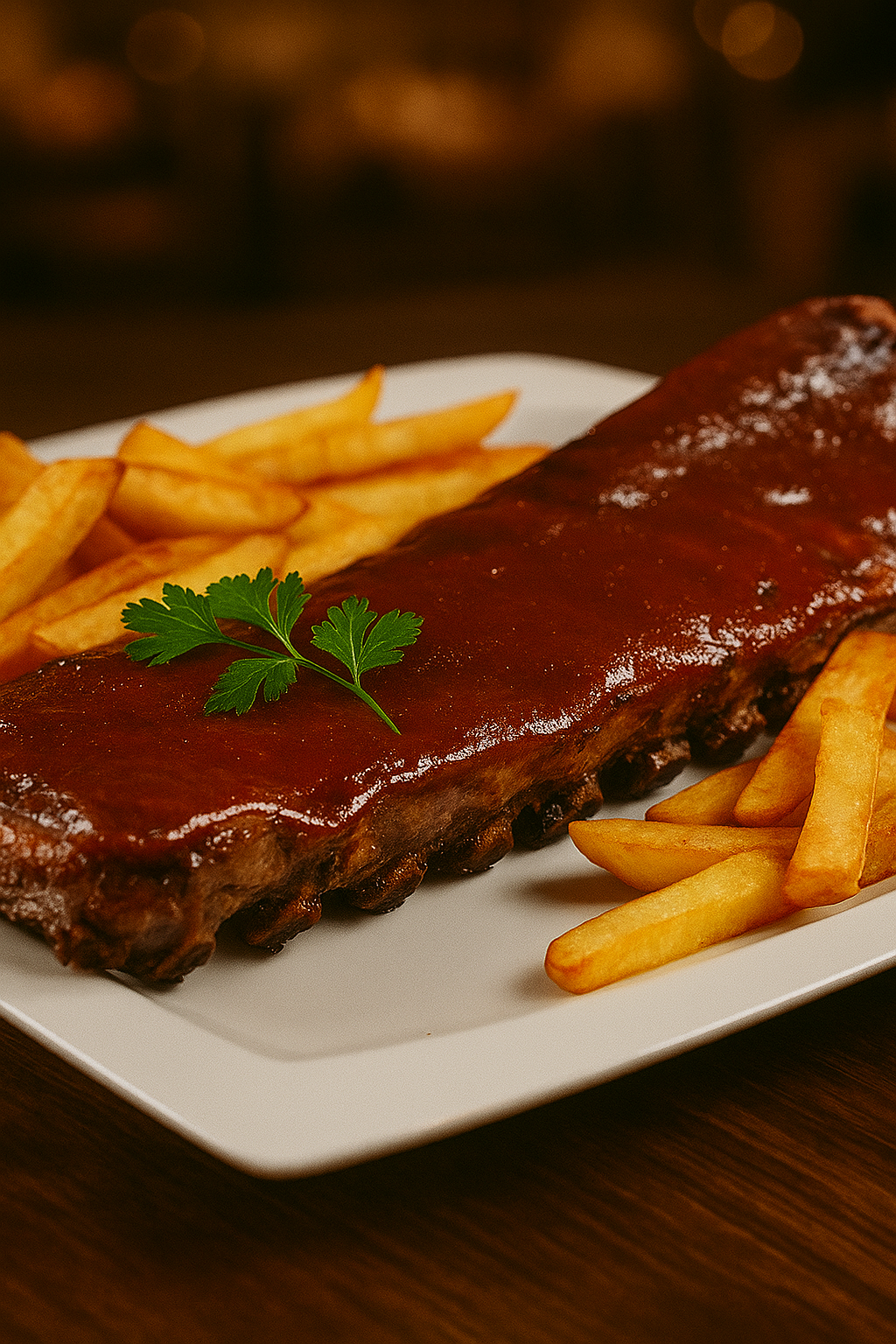 Costillar de cerdo cubierto con salsa barbacoa acompañado de papas fritas