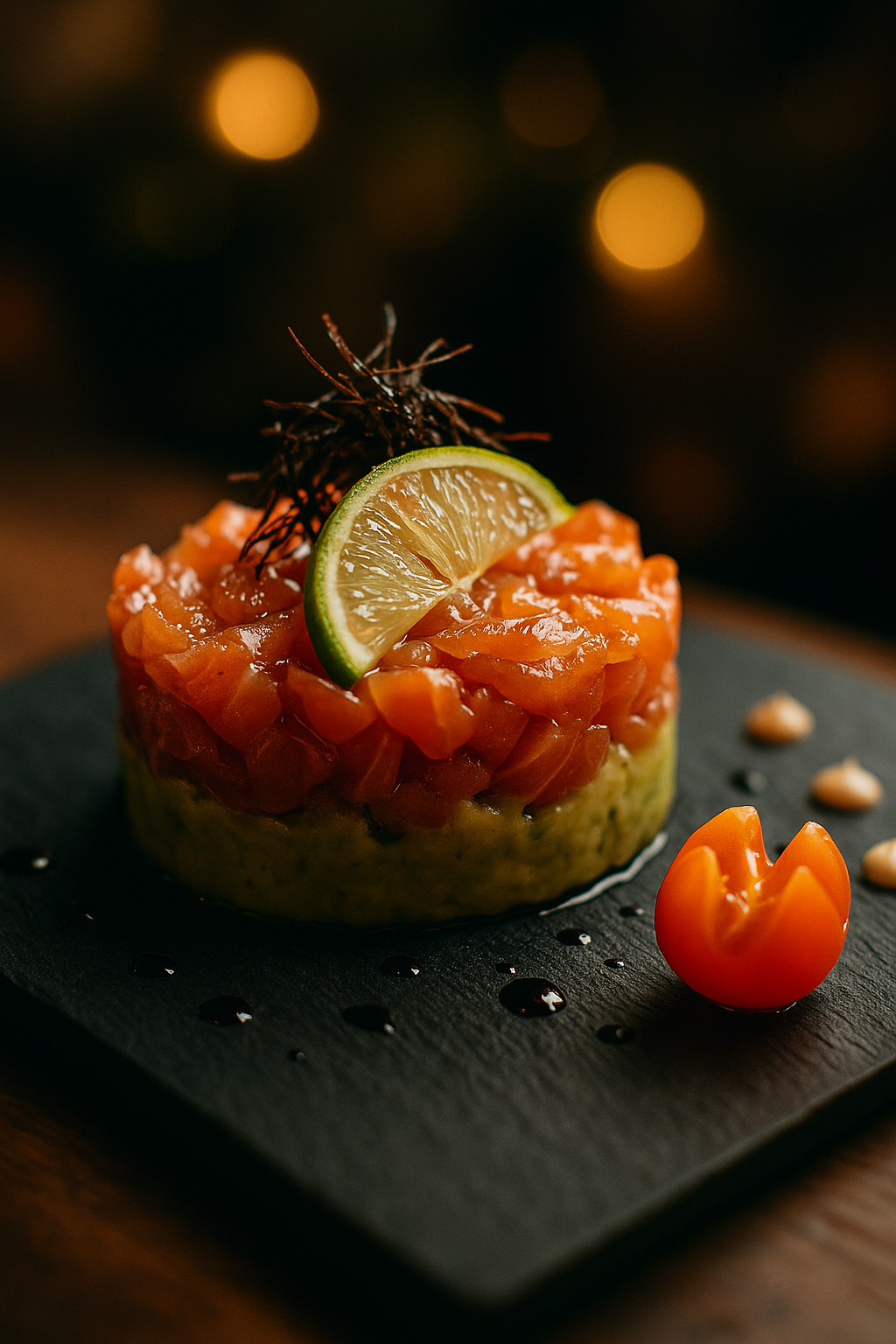 Steak tartar gourmet con huevo, tomate y tostadas