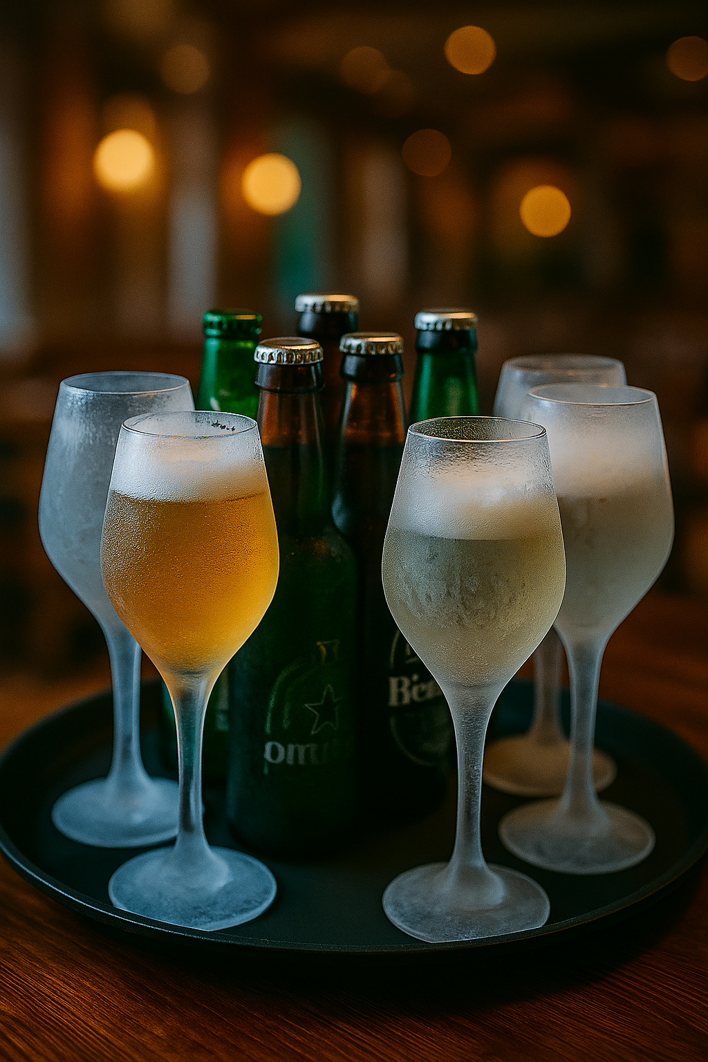 Bandeja de cervezas frías servidas en mesa de restaurante