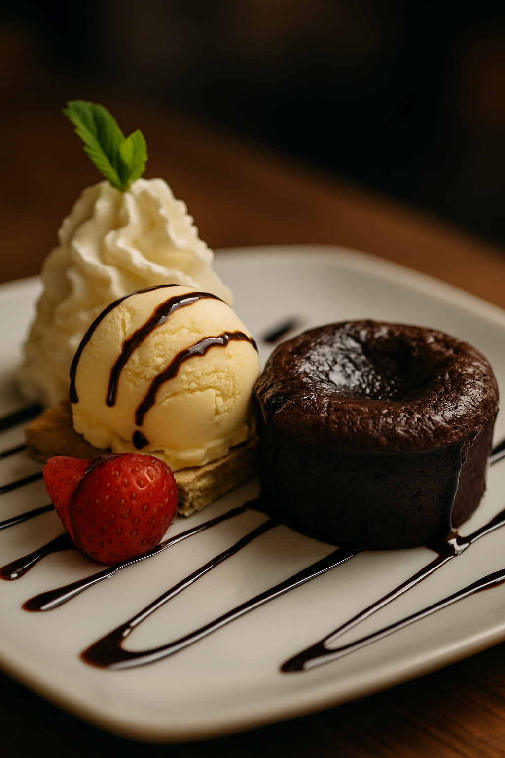 Postre Coulan de chocolate con helado y Chantilly