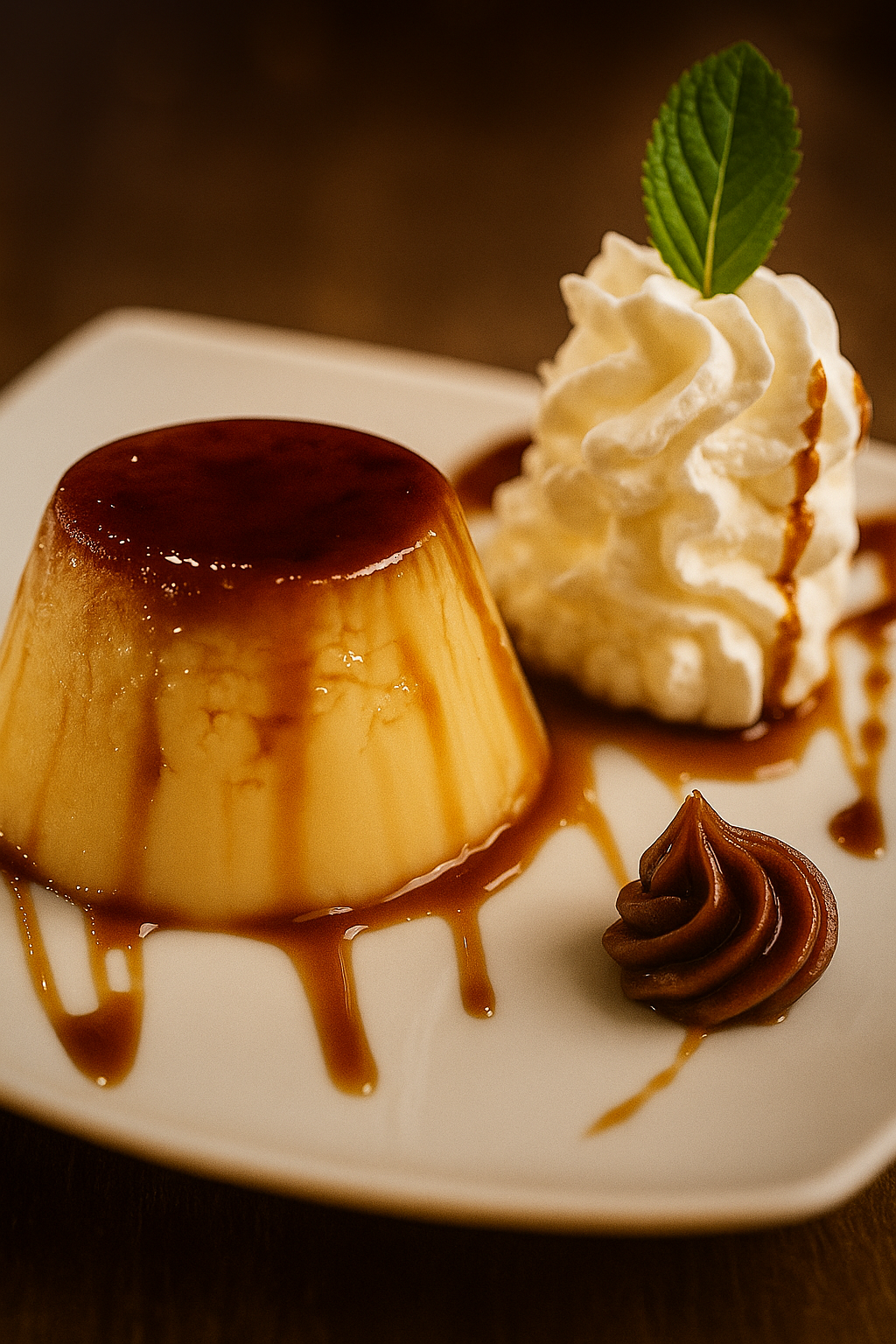 Flan caramelizado con Dulce de Leche, crema batida y hoja de menta fresca.